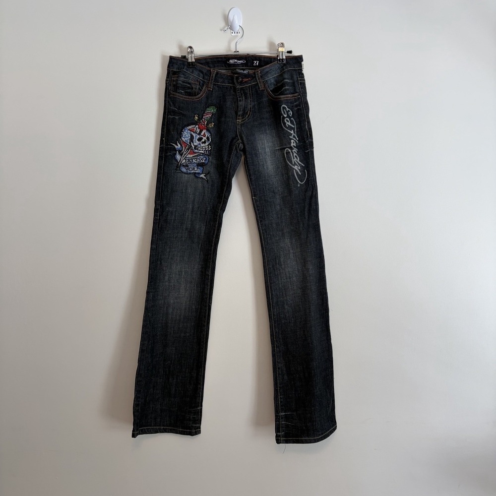 Y2K Ed Hardy Christian Audigier Denim Jeans 27 Cross Missy Skull Tattoo You VTG‎
